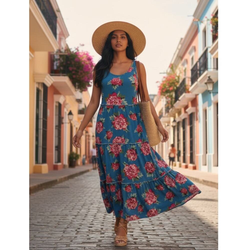 Matilda Jane Wmns Medium Floral Peony Tiered Sleeveless Maxi Dress Keyhole Back